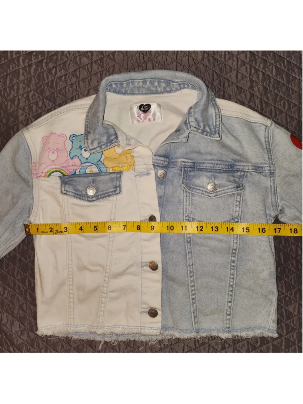Care Bears Justice Denim Jacket Youth Size M 10 Split Color White Blue Patchwork